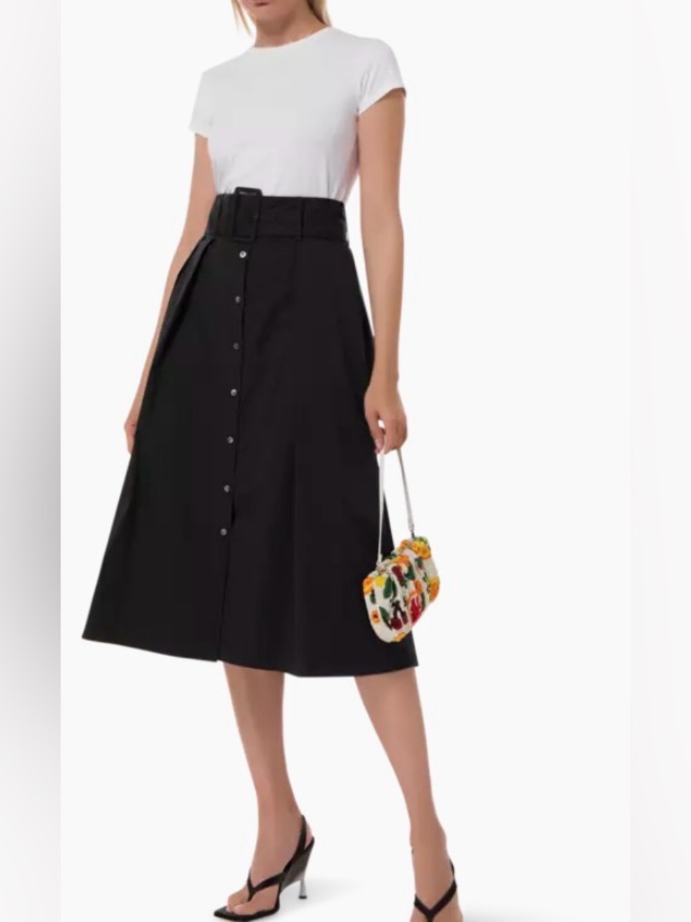 STAUD Kingsley Skirt Black A-Line Button-Front Skirt with Self-Tie Belt size 16